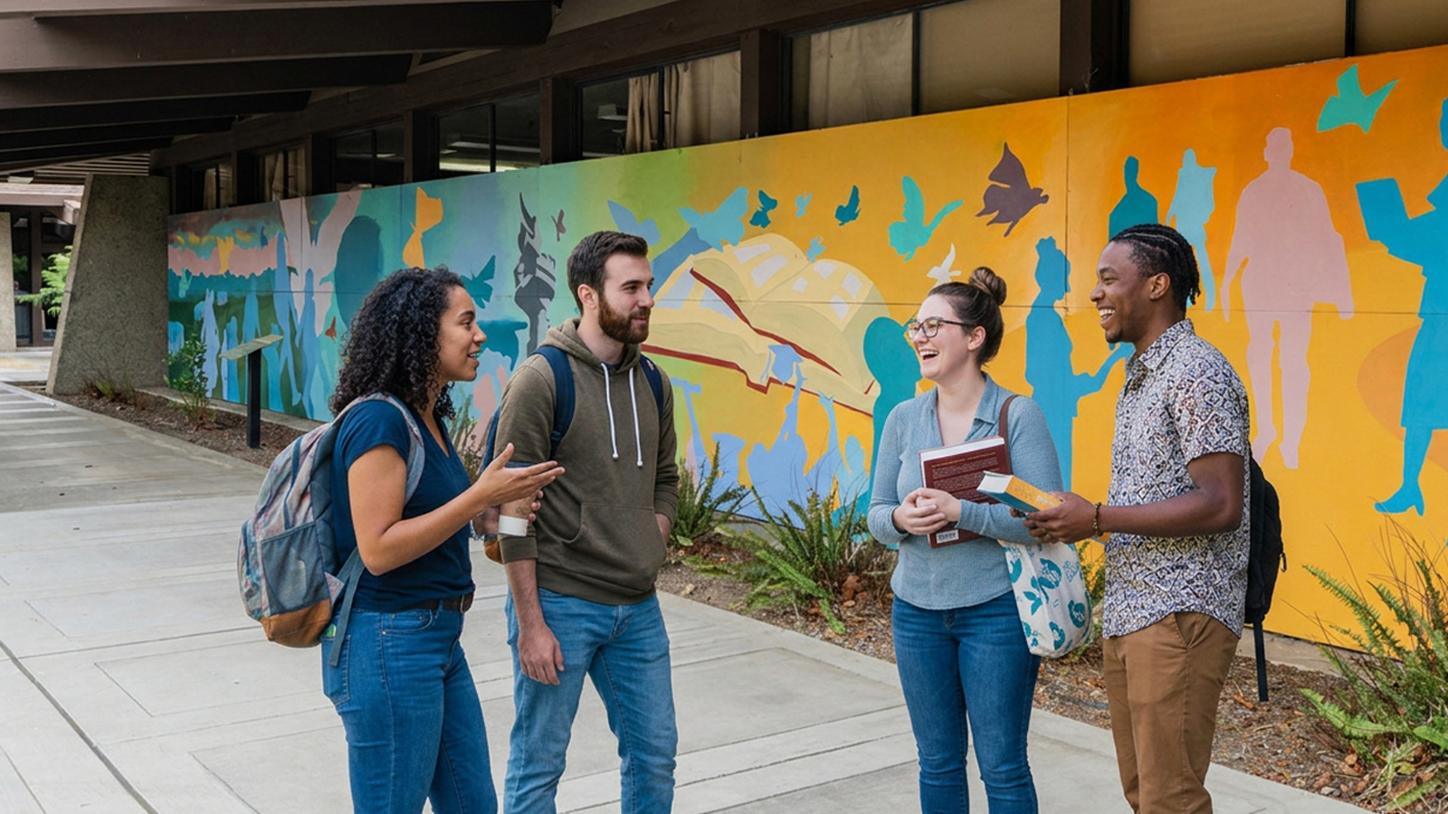 Students hanging out in front of the college mural 